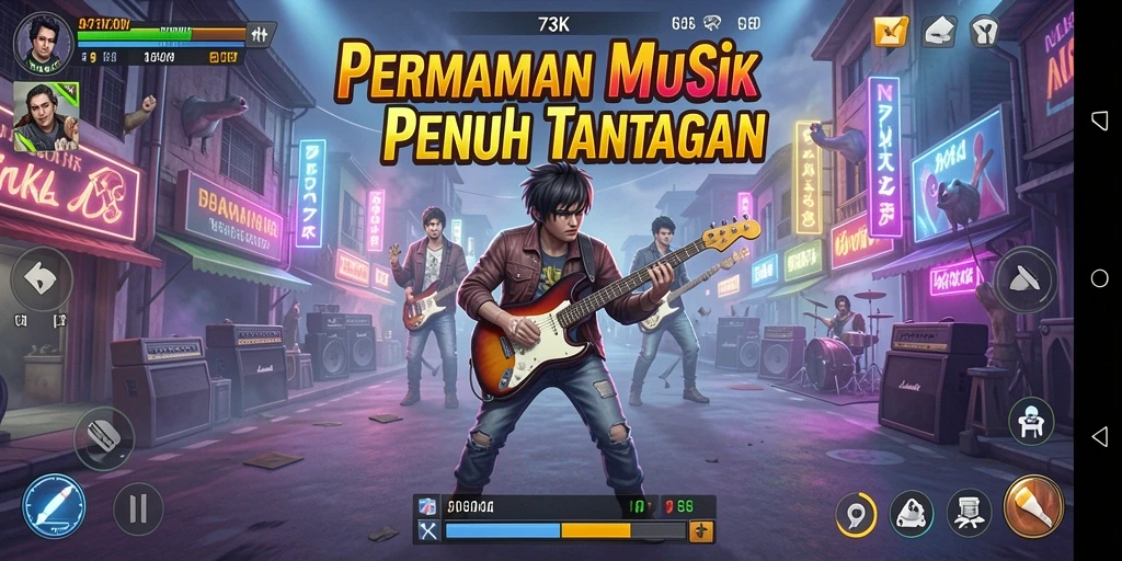 Tangkapan layar utama 73K menampilkan pengalaman bermain musik yang seru.