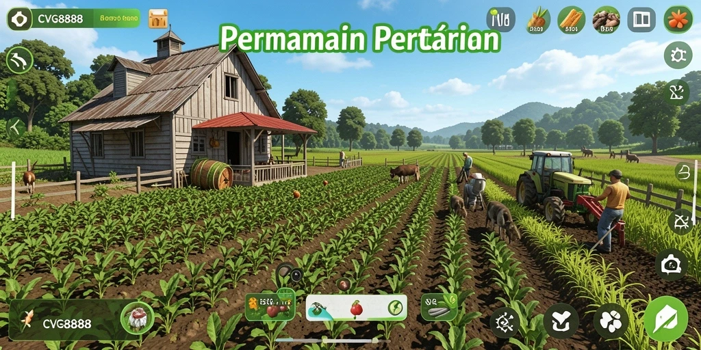 Screenshot gameplay CVG8888 yang menunjukkan ladang penuh tanaman hijau.