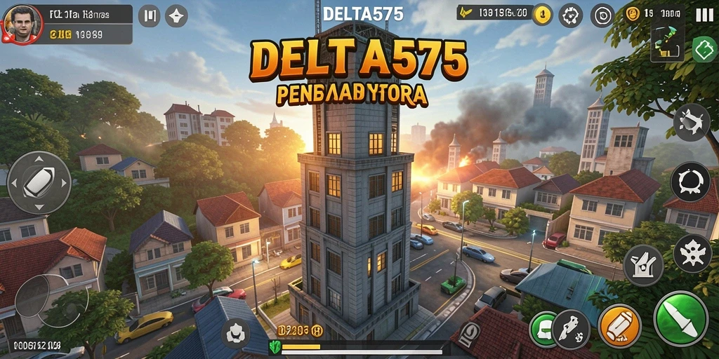 Screenshot menampilkan aksi seru dalam gameplay DELTA575 Tower Defense.