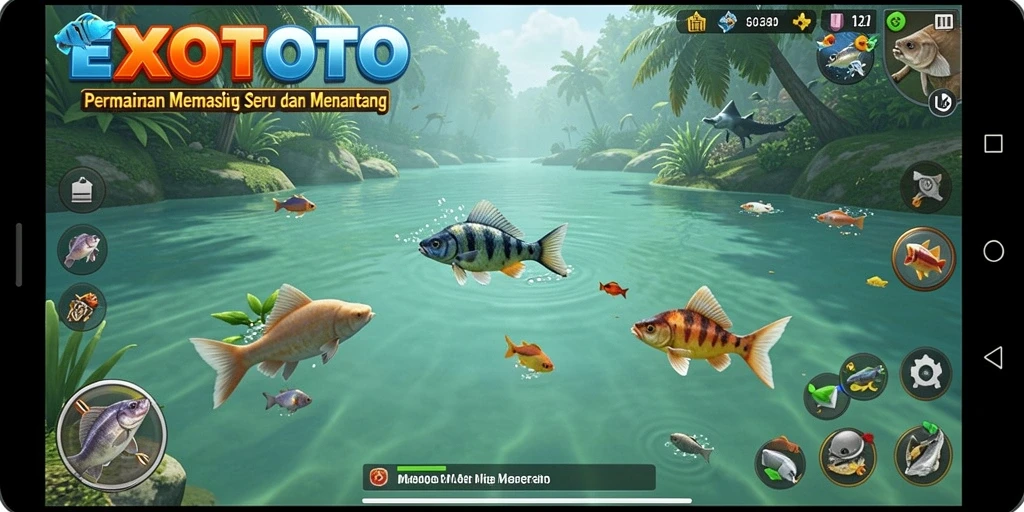 Screenshot utama EXOTOTO menampilkan aksi memancing yang seru dan menarik.
