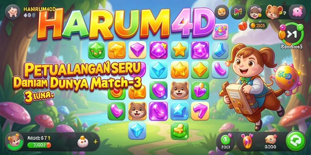 Screenshot utama HARUM4D menampilkan gameplay Match-3 yang seru dan penuh warna.