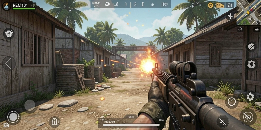 Screenshot utama dari gameplay <strong>REMI101</strong> yang menunjukkan aksi tembak-menembak yang seru.