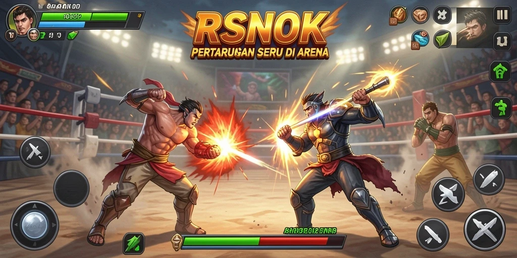 Tampilan gameplay RSNOK dengan karakter yang sedang bertarung di arena.