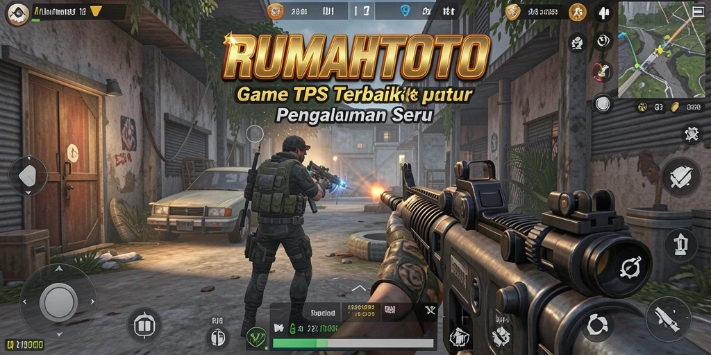 Screenshot utama RUMAHTOTO menampilkan aksi tembak-menembak yang intens dan mendebarkan.