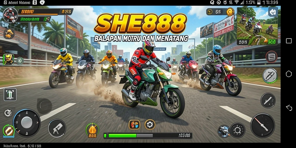 Screenshot gameplay SHE888 menampilkan aksi balapan motor yang mendebarkan.